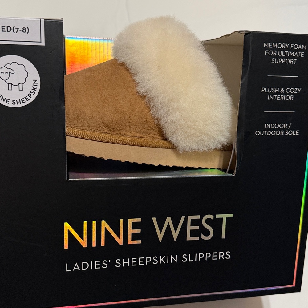 Nine West Tan Genuine Sheepskin Slippers Medium (7-8) in the Gift Box